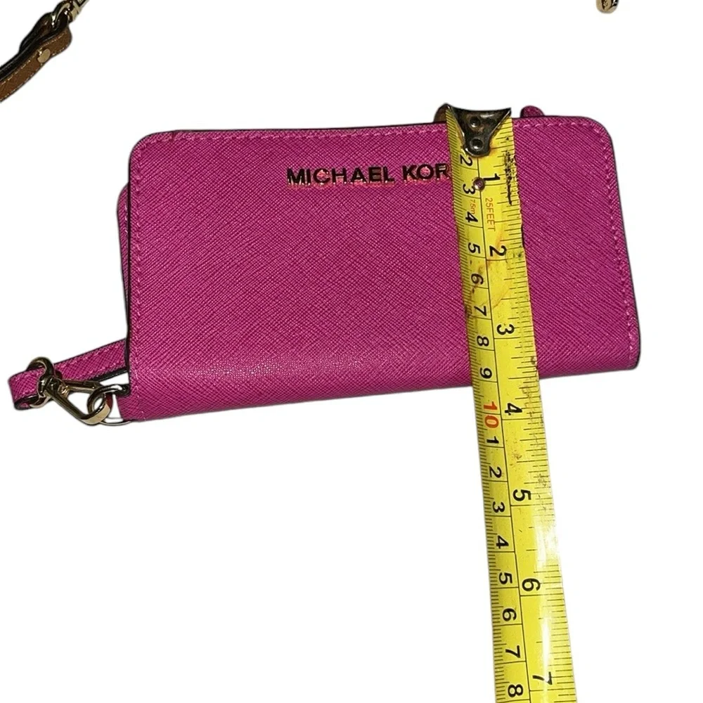 Micheal Kors Hot pink saffiano leather mobile wristlet card slot ID window
